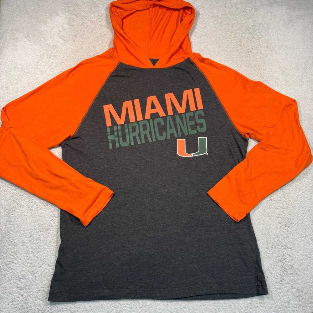 Colosseum Miami Hurricanes Hoodie Mens L Orange Raglan Tee Pullover NCAA Shirt